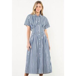 THML Blue and White Striped Midi Shirt Dress